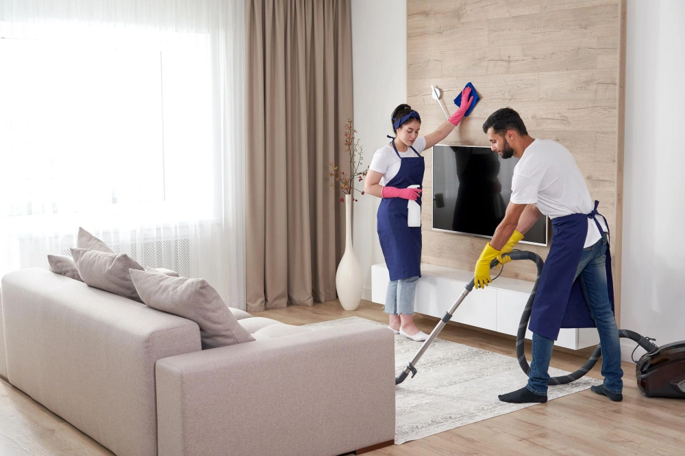 A uniformed and vetted professional from a licensed house cleaning service in Gibraltar entering a luxury apartment. about how to choose house cleaning company in Gibraltar