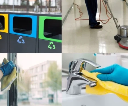 Uniformed and security-vetted janitorial team from Cleaning RHS preparing for an evening office shift.