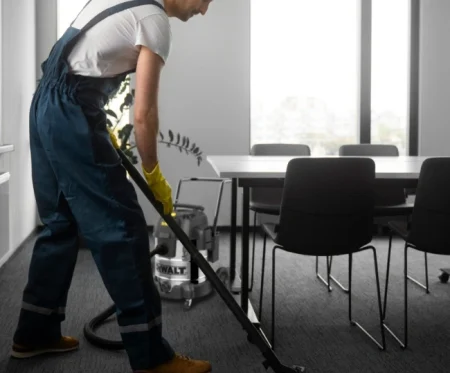 Uniformed and security-vetted janitorial team from commercial cleaning Cleaning RHS preparing for an evening office shift.